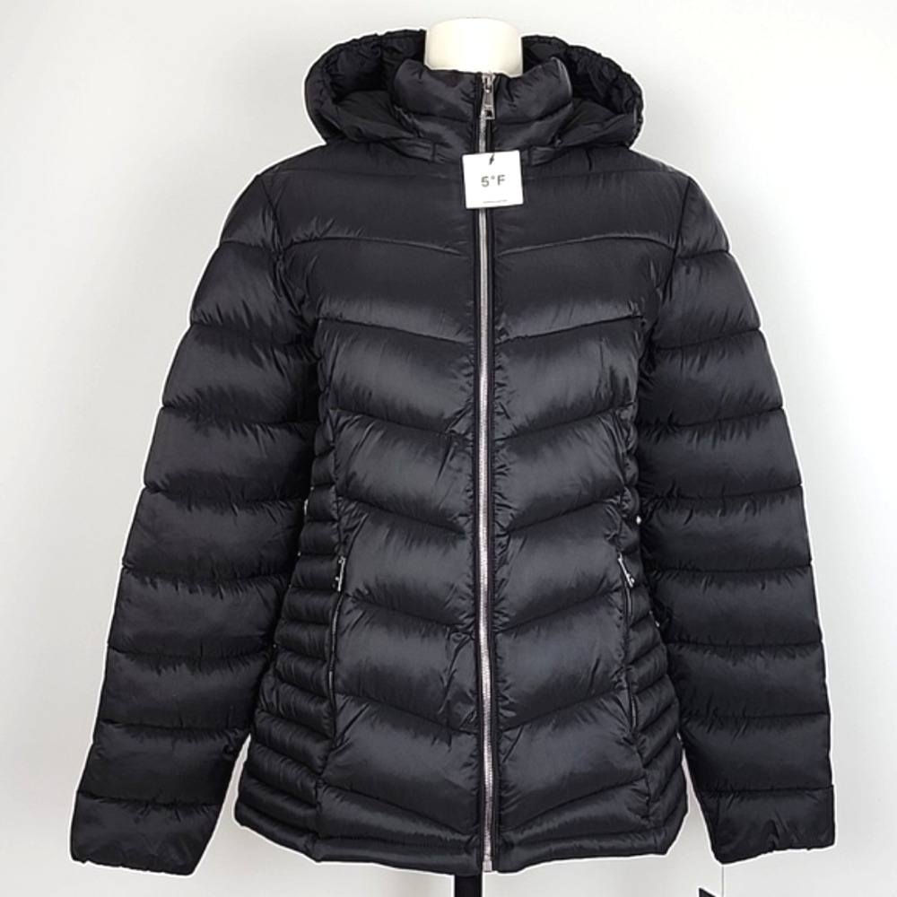 NWT DKNY Women's Black Hooded Puffer Jacket Water Resistant Packable L